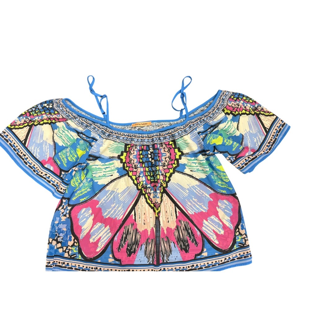 Flying Tomato Butterfly Print Off Shoulder Top Blue Pink Boho Festival Blouse